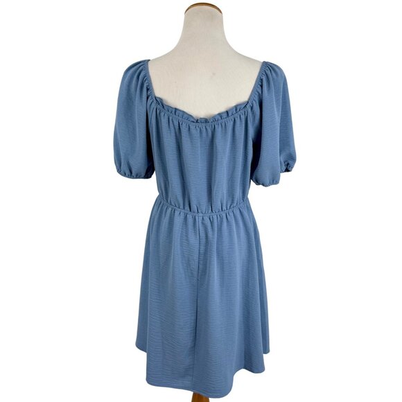 June + Hudson Blue Empire Puff Sleeve Mini Dress Cottagecore Prairie Babydoll - Picture 5 of 13